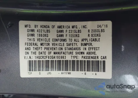 2016 Honda Accord Ex-L z USA, uszkodzony, nr VIN 1HGCR2F83GA190863